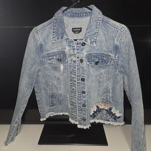 Bebe Light Blue Denim Jacket with Floral Embroidery